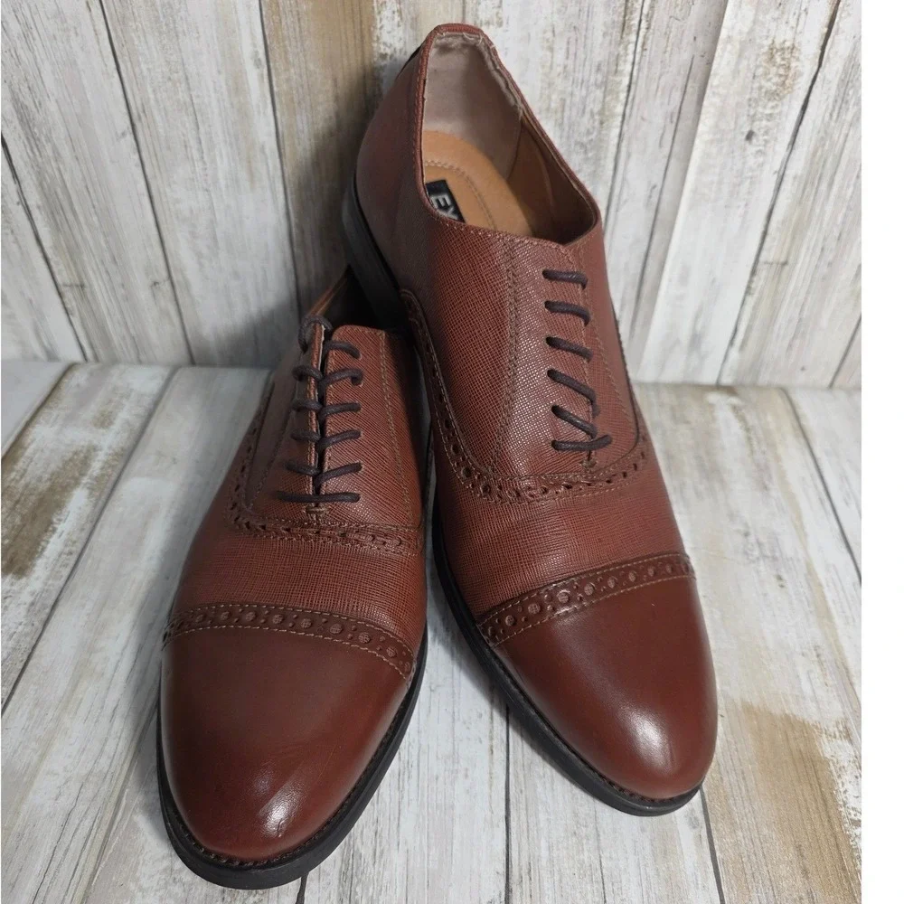 Express Mens Brown Leather Cap Toe Oxford Dress Shoes Brogue Textured size 9